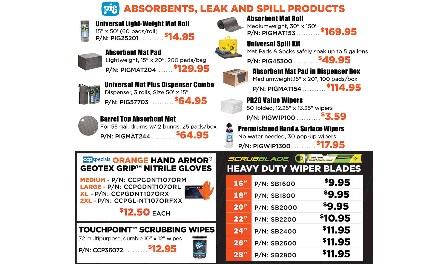 Save on Pig absorbents, leak and spill products, Hard Armor Nitrile Gloves, heavy duty wiper …