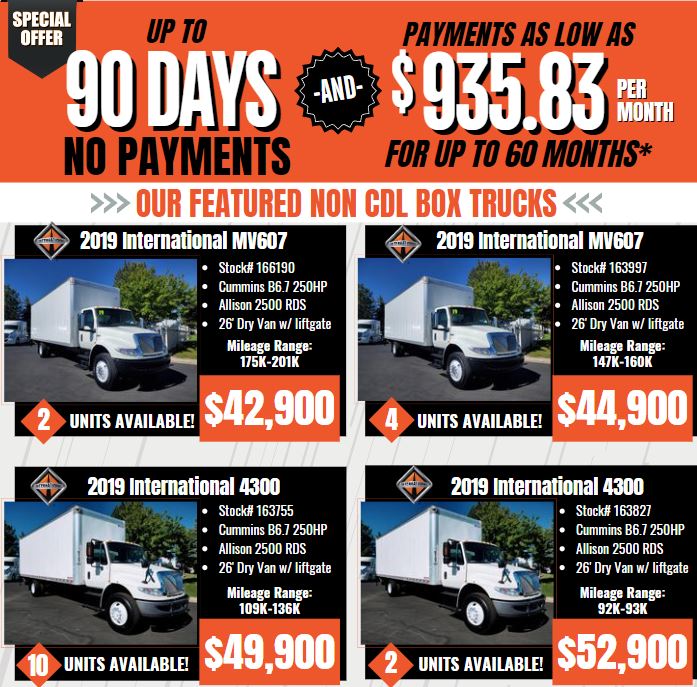 90 days no payments and low payments on box trucks