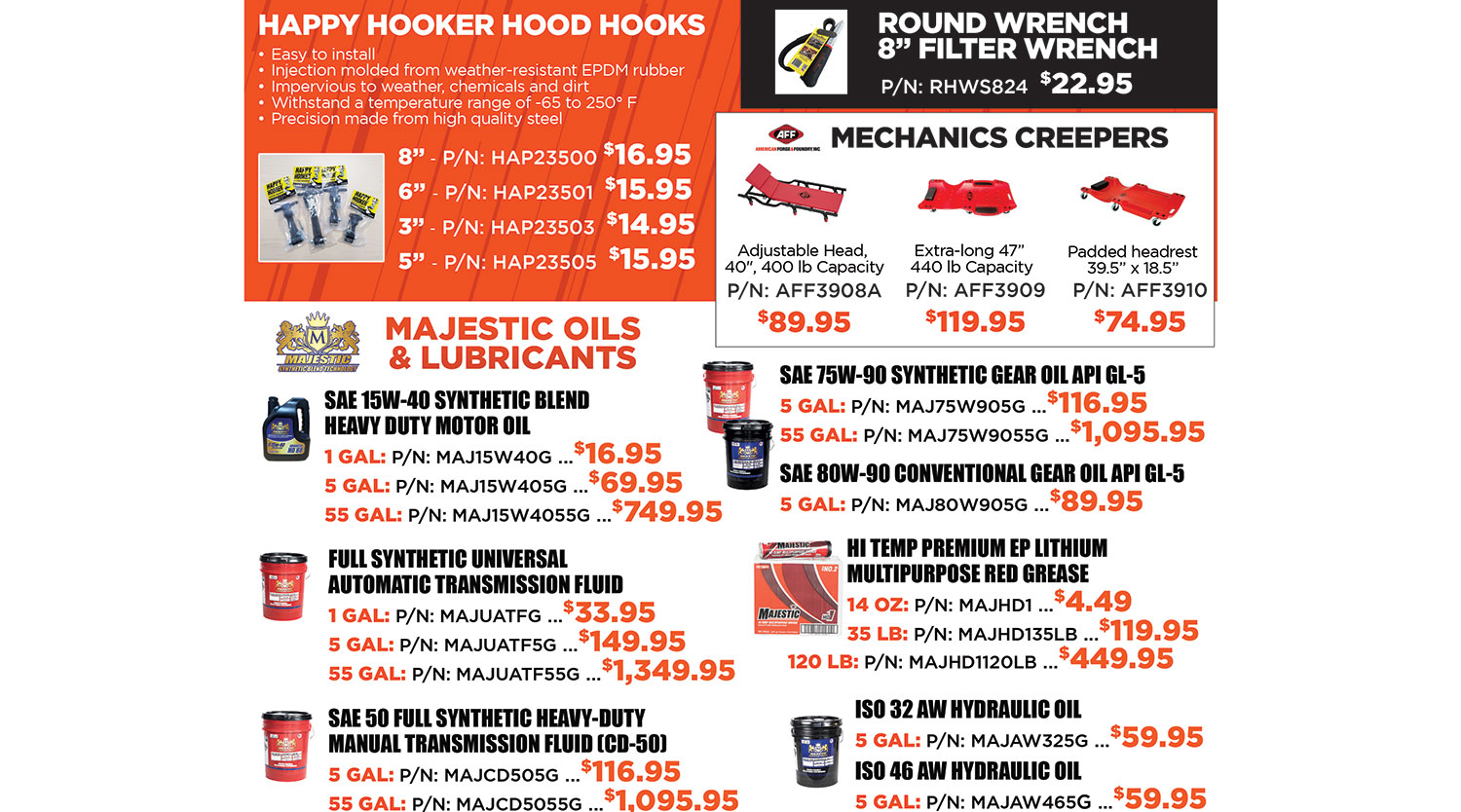 Save on hood hooks, mechanics creepers and majestic heavy duty oils and lubricants at McCandless …