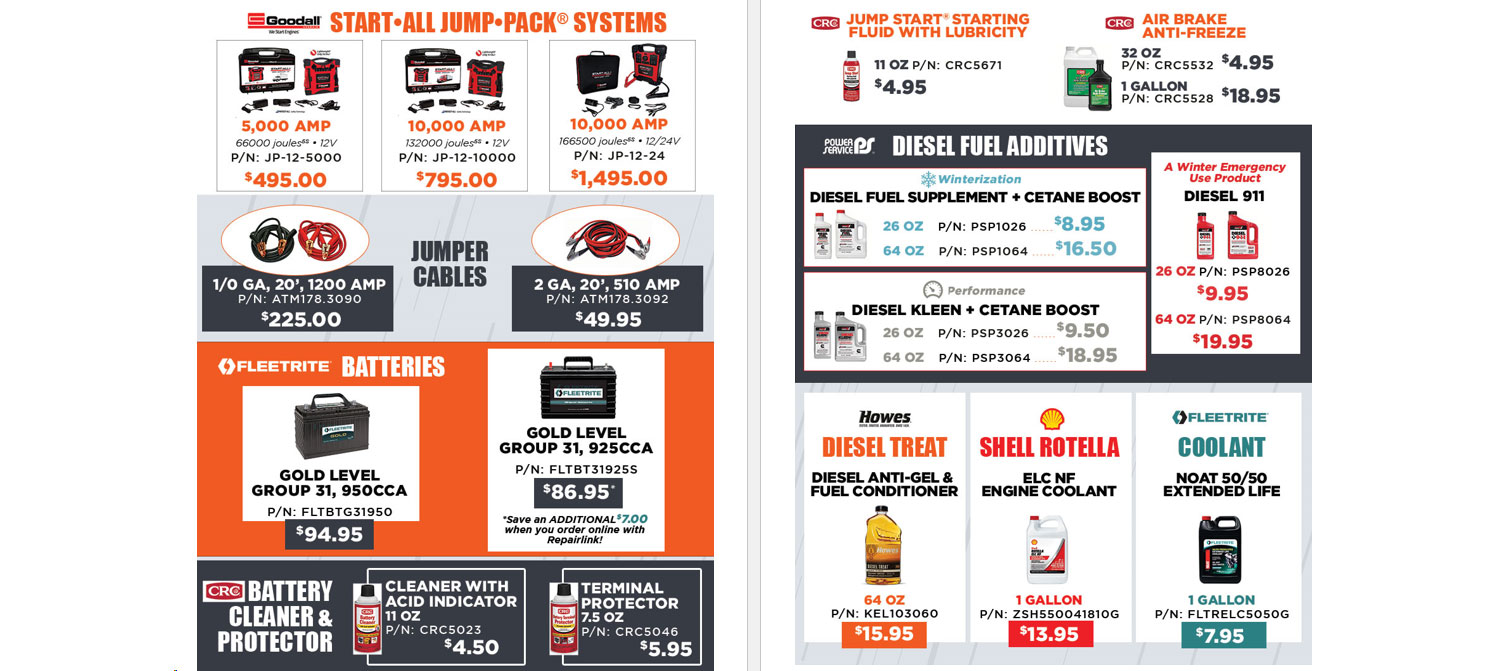 Save on Jump Packs, batteries, battery cleaner, diesel fuel additives and more at McCandless Truck Center