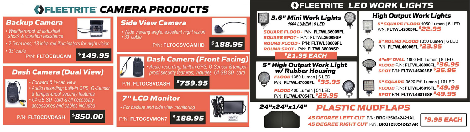 McCandless Truck Center Parts Specials - save on Fleetrite Heavy Duty Cameras, Worklights and plastic mudflaps